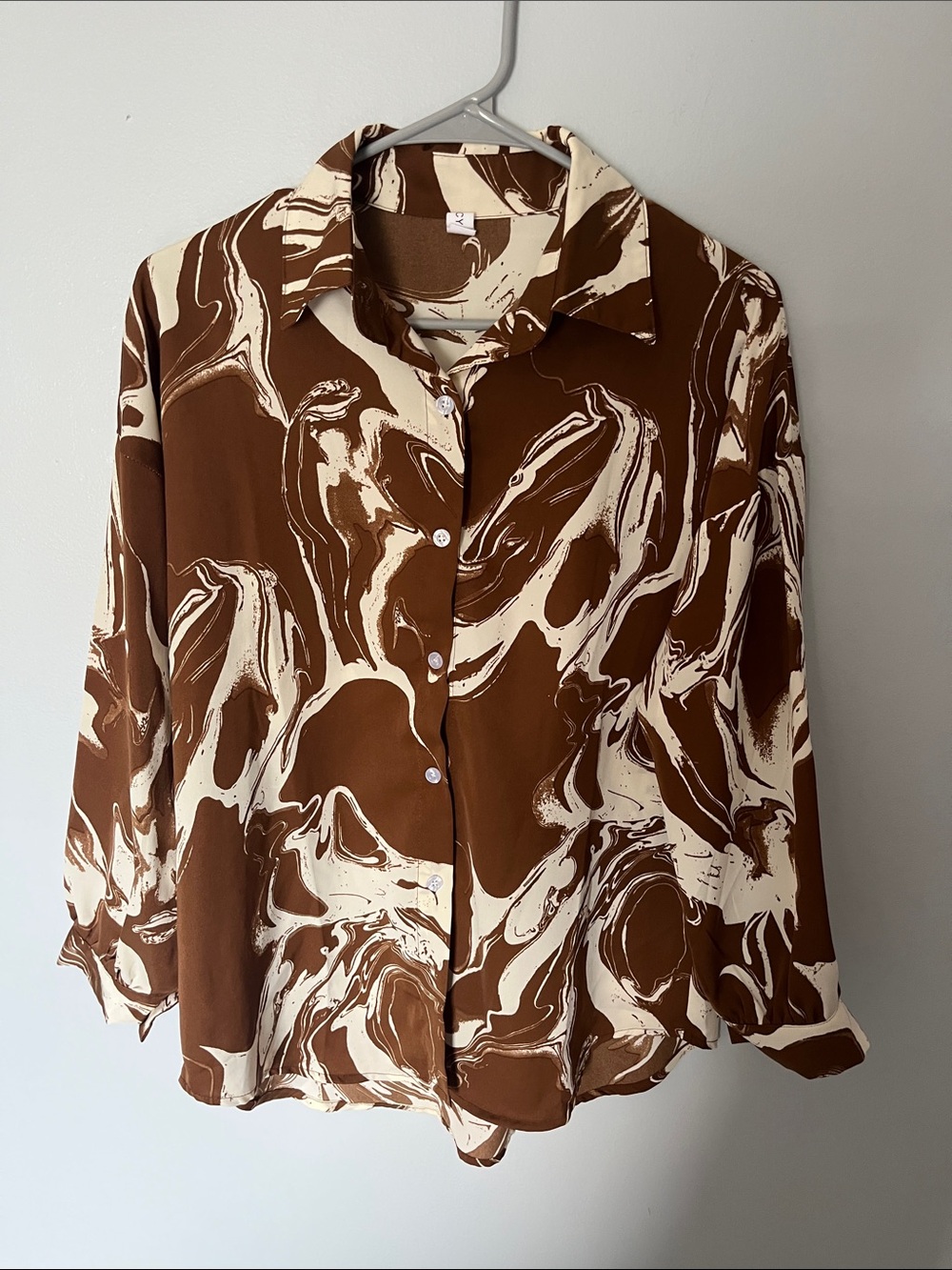 Marble-Print Brown & Cream Button-Down Blouse